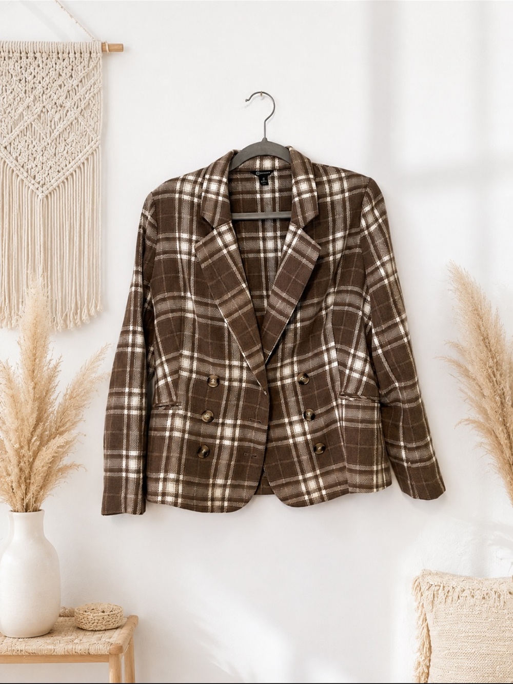 Versona Brown & Cream Plaid Double-Breasted Blazer Size Small English Country
